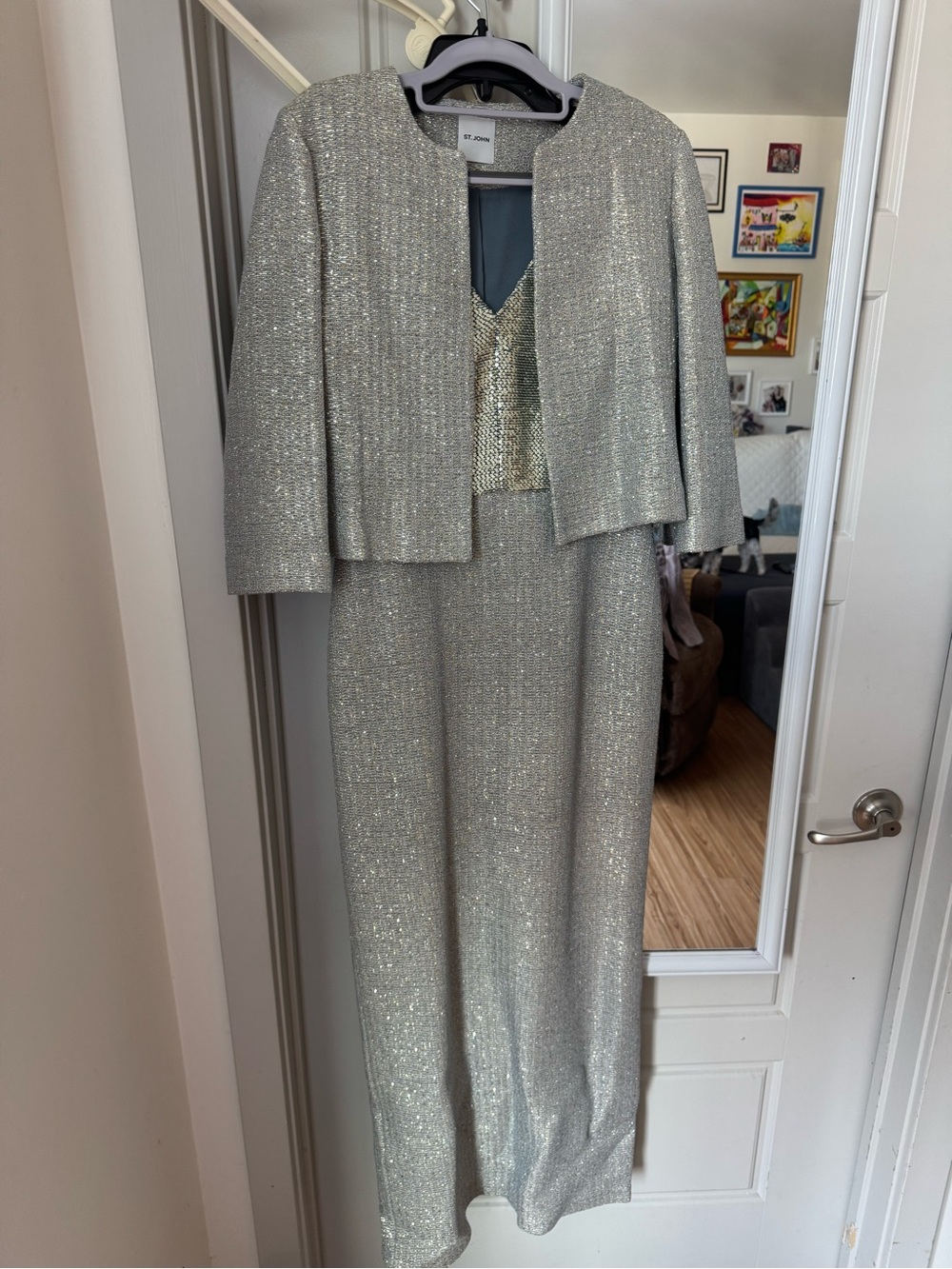 St. John Blue Silver Metallic Two-Piece Evening Dress and Cropped Jacket